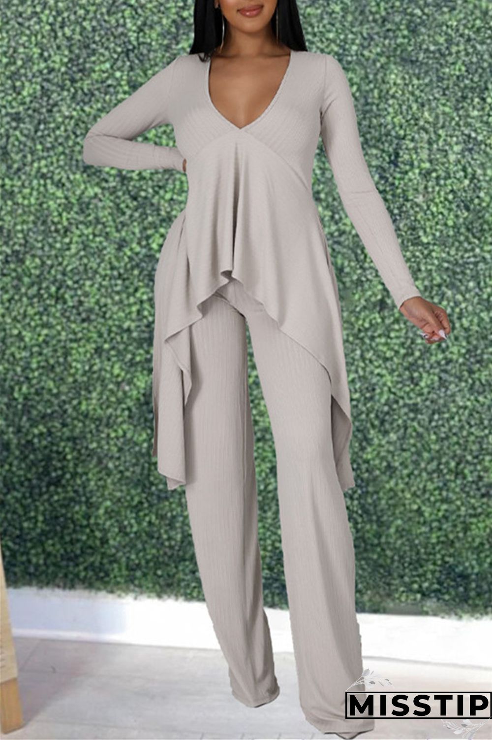 Black Fashion Casual Patchwork Solid Asymmetrical V Neck Long Sleeve Two Pieces