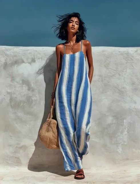 Women's Minimalist Vacation-style Striped Printed Suspender Jumpsuit SV1085B0Y