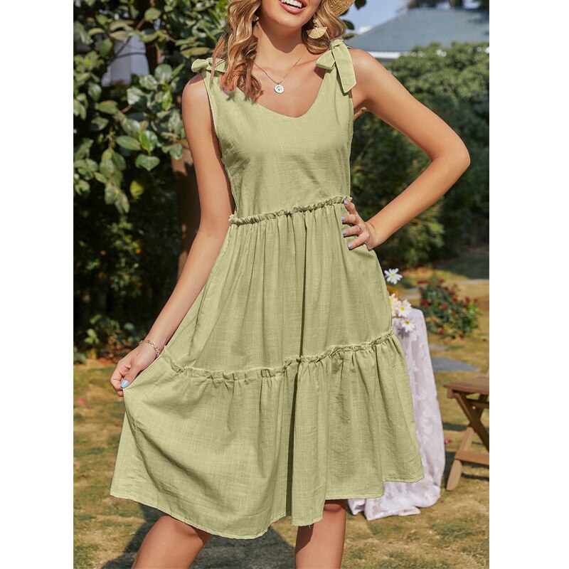 Women Tie Bow Solid Ruched Backless Sleeveless Ruffle Vacation Dress