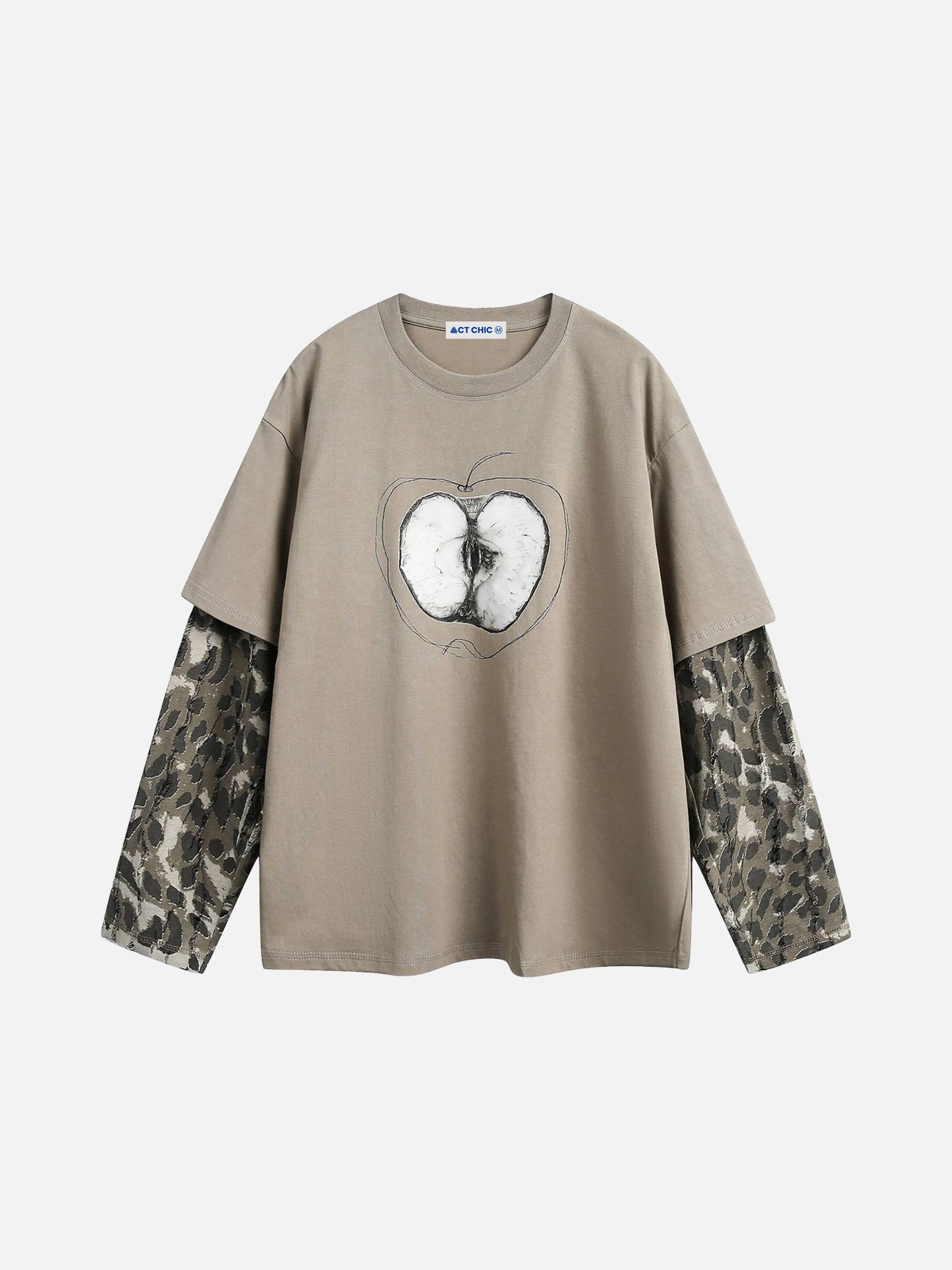 Khaki Act Chic Apple Graphic Long Sleeve T-shirt Front