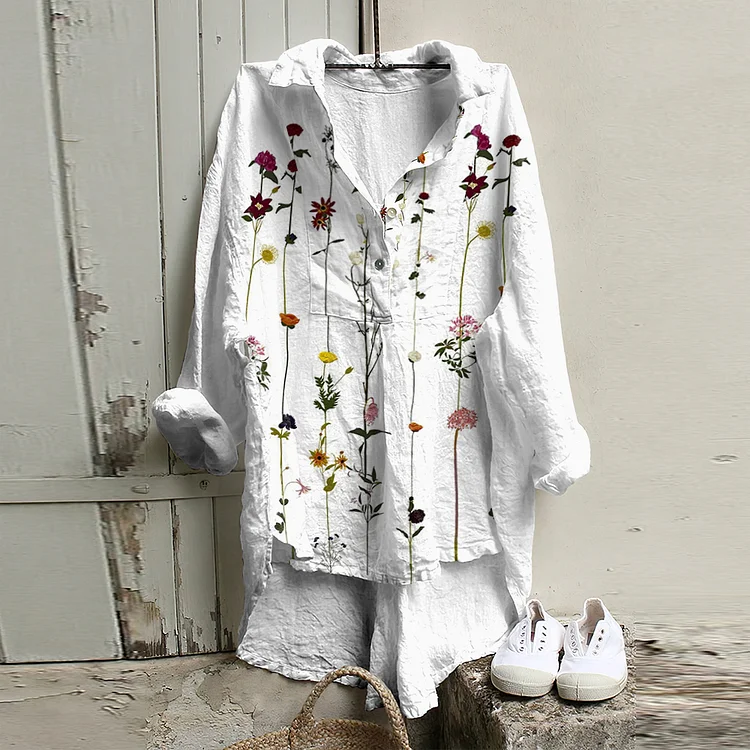 Wearshes Casual Floral Linen Short Front And Long Back Blouse
