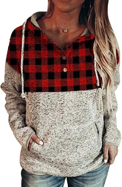 Women's Casual Hoodie Plaid Floral Stitching Button Collar Sweatshirts