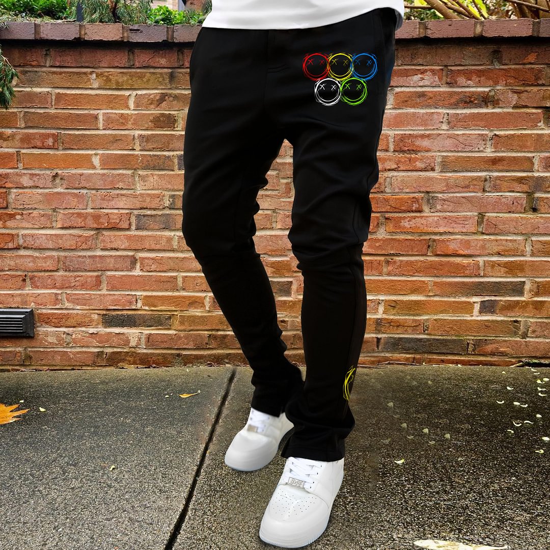 Casual style color smiley print sports trousers