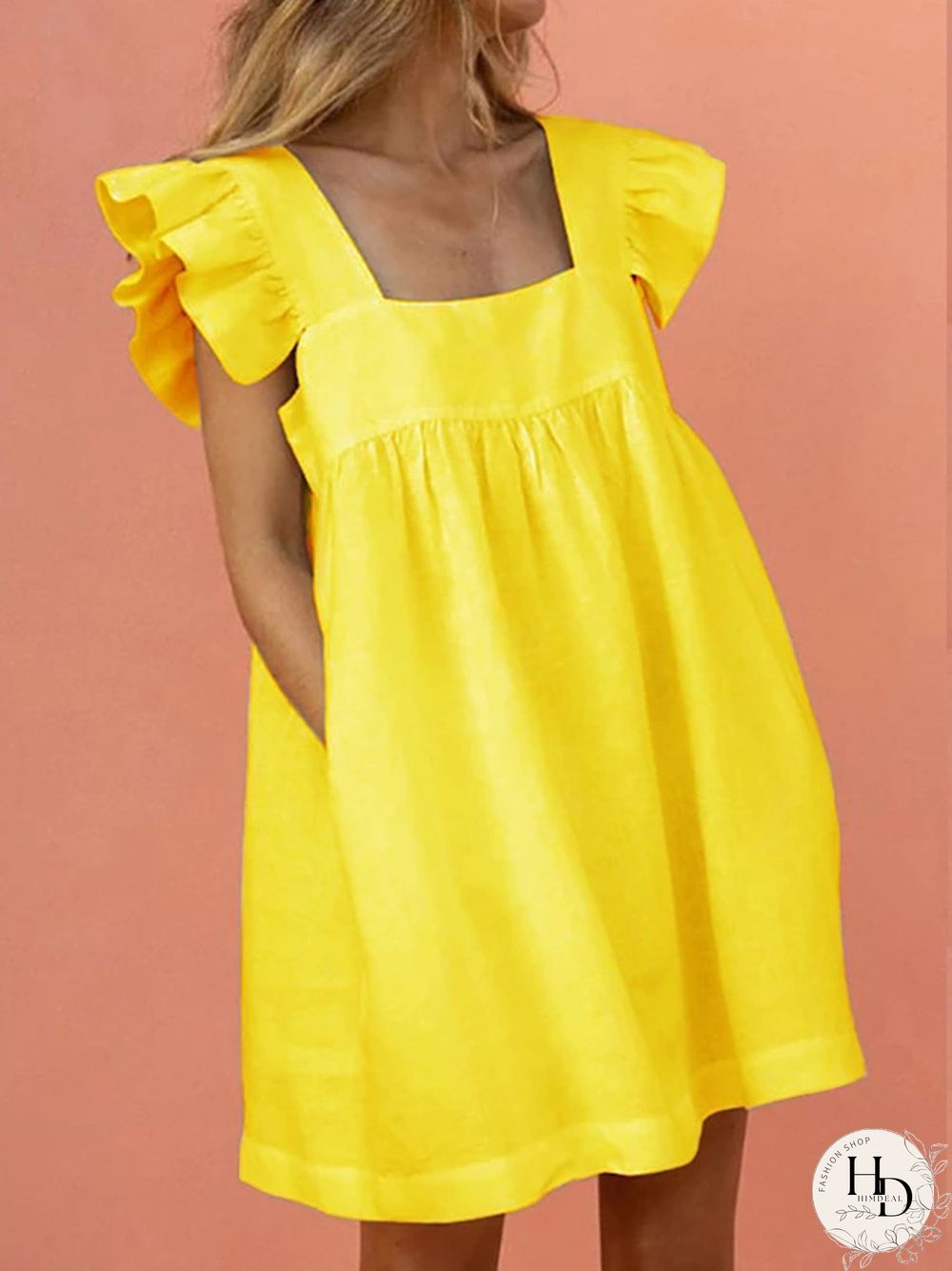 Women Ruffled Mini Dress Summer Cute Square Collar Pocket Dresses Elegant Butterfly Sleeve Beach Party Female Dresses Vestidos