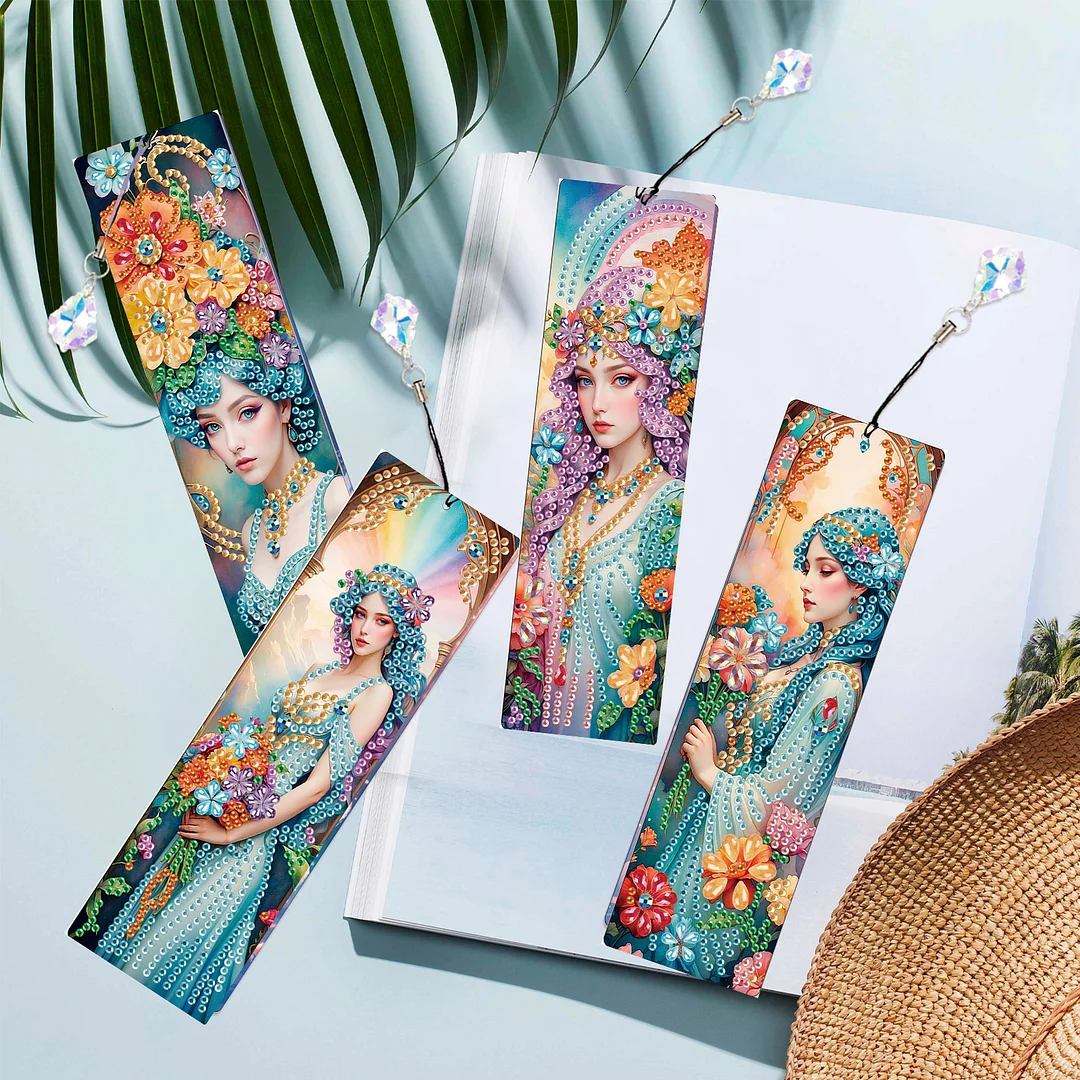 4Pcs Flower Beauty DIY Diamond Bookmark Art Projects Irregular Shaped Diamonds Diamond Painting Art Bookmarks with Crystal Pendants for DIY Making Beginners Adult Art Craft Supplies