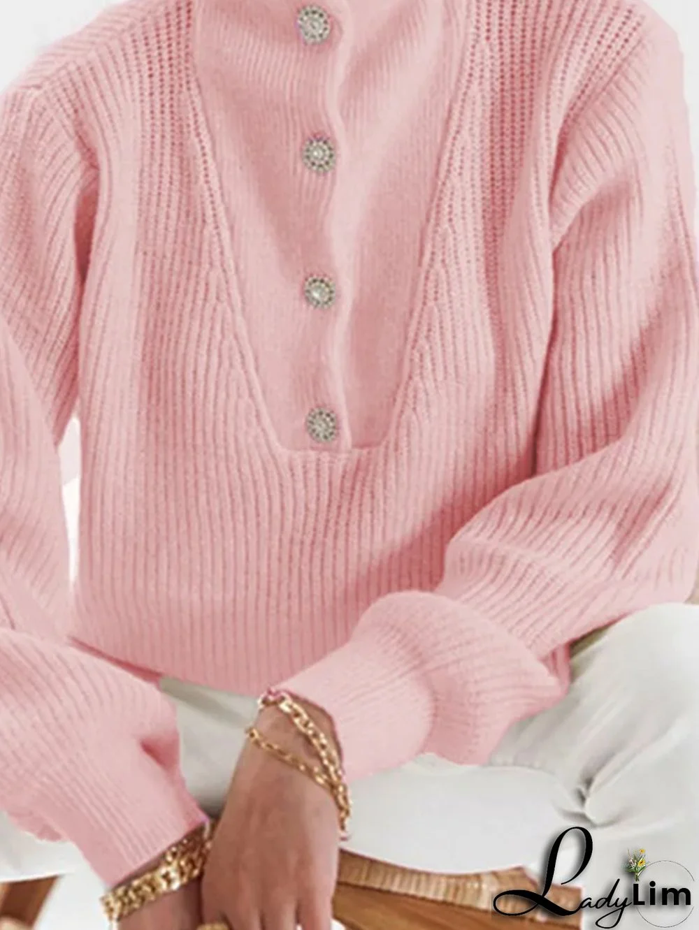 Casual Textured High Neck Rhinestone Button Long Sleeve Sweater