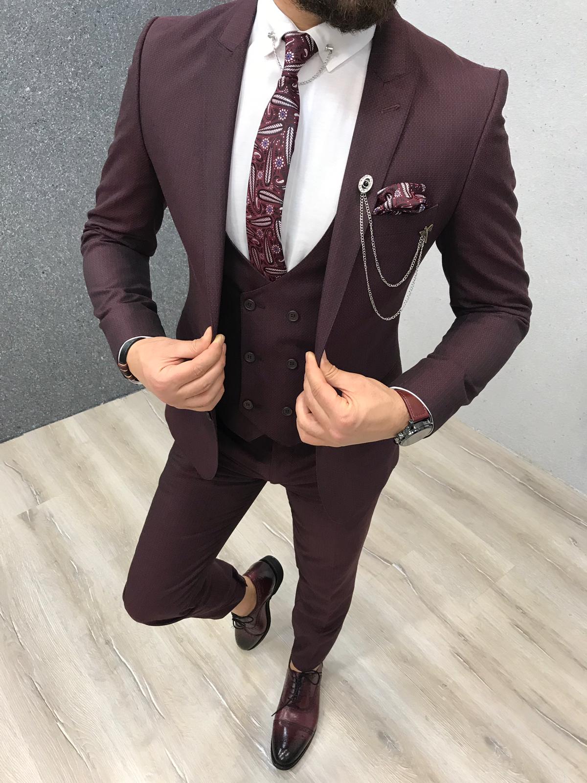 Handsome Burgundy Reception Suit With Peaked Lapel Party 3 Pieces