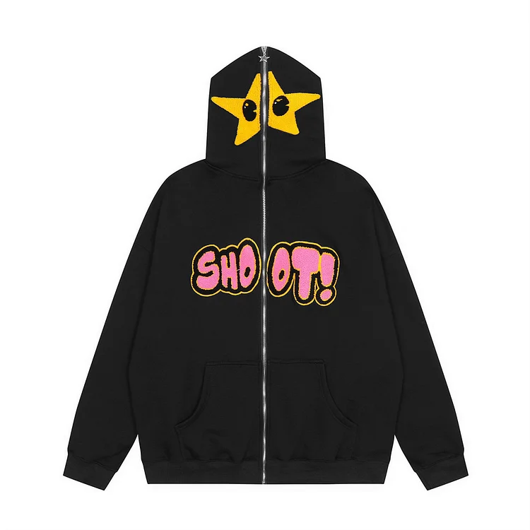 Y2k Loose Vintage Full Zip Up Hoodie Gothic Cartoon Patchwork Sweatshirt at Hiphopee