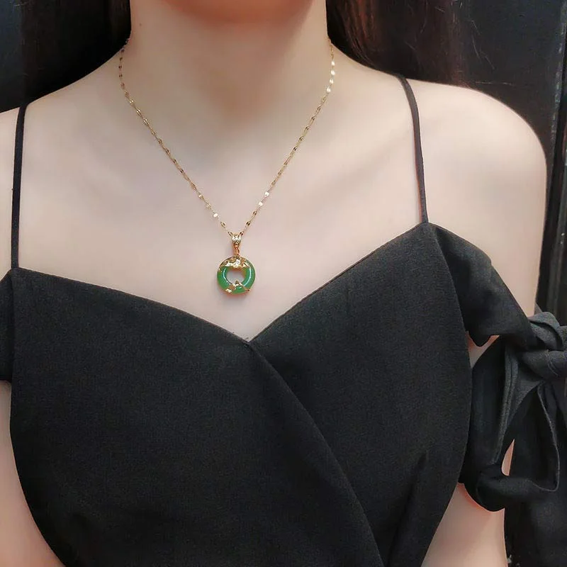 Lotus Pattern Jade Luck Necklace Chain Pendant