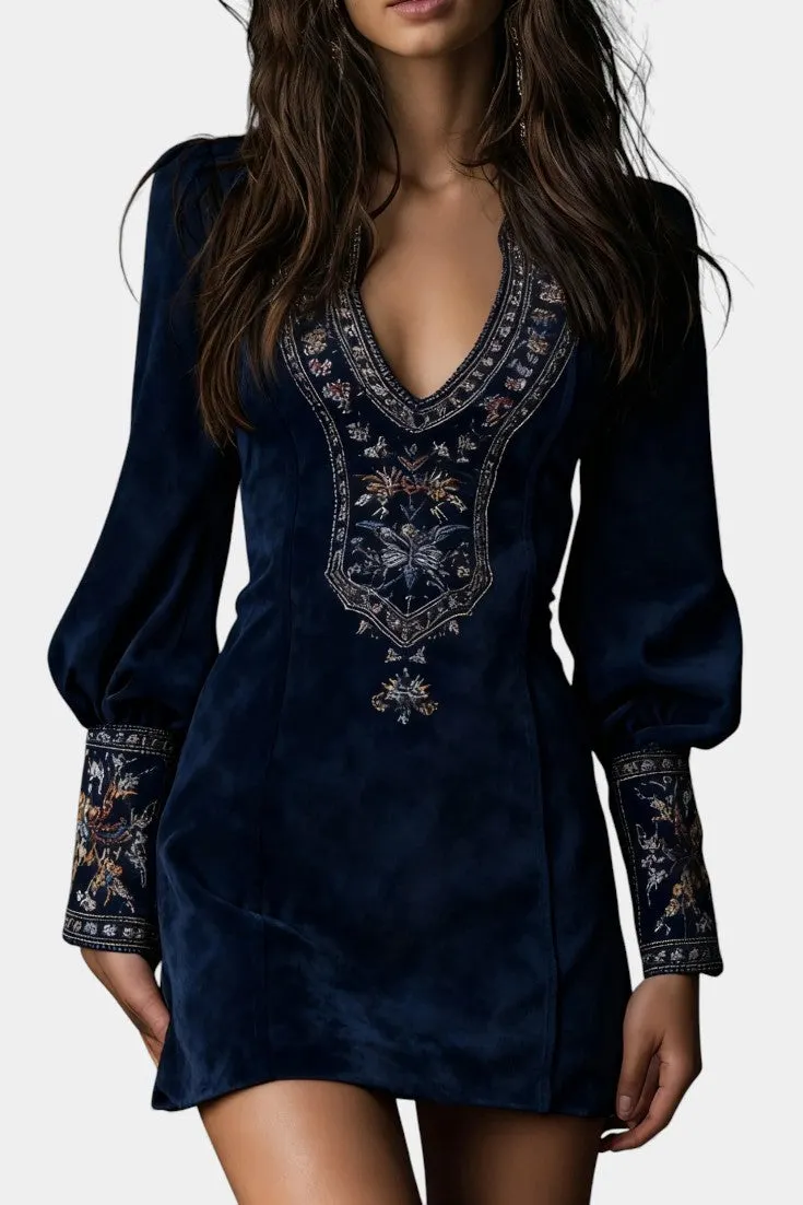 Deep Velvet Embroidered V-Neck Mini Dress