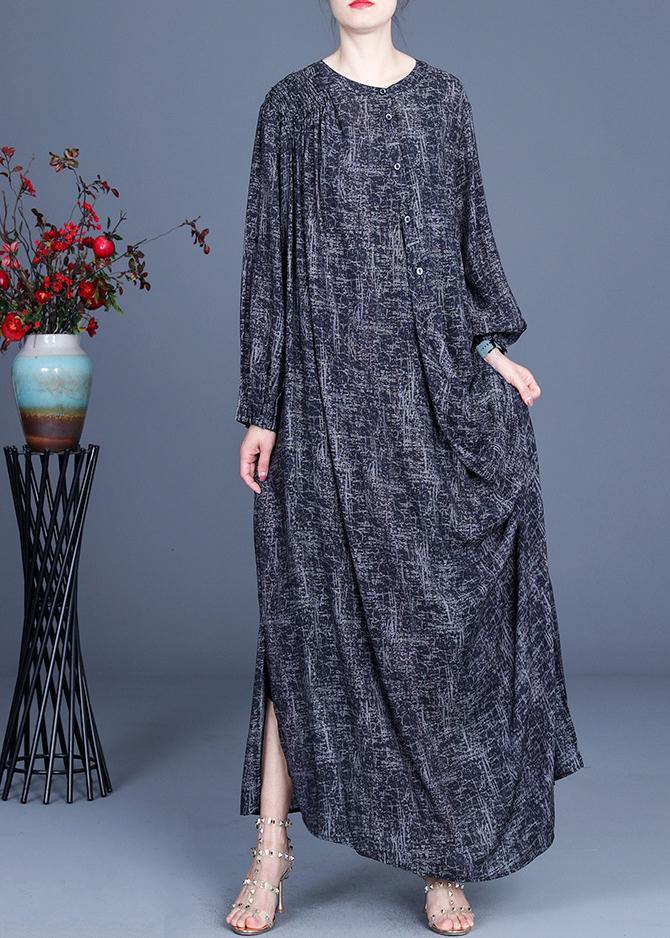 VCSHOES Black Print asymmetrical design side open Holiday Summer Spring Linen Dress