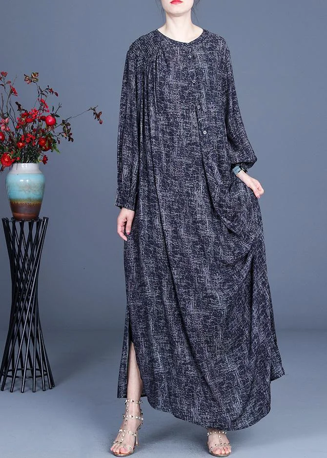 Art Black Print asymmetrical design side open Holiday Summer  Linen Dress