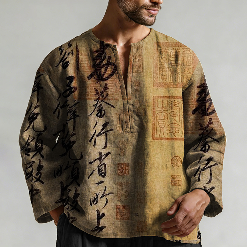 Retro Calligraphy Art Pattern Long Sleeve Linen Shirt  artssus