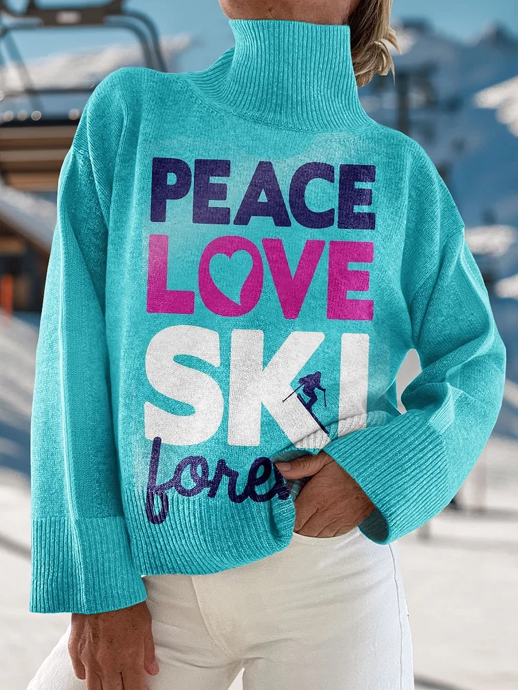 Winter Skiing Art Print Knit Turtleneck Pullover Sweater