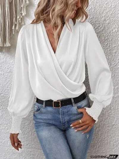 Surplice Smocked Lantern Sleeve Blouse