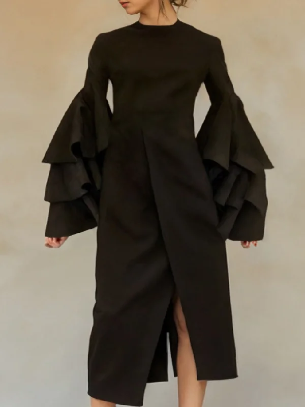Flared Sleeves Asymmetric Layered Ruffled Solid Color Split-Back Split-Front Midi Dresses