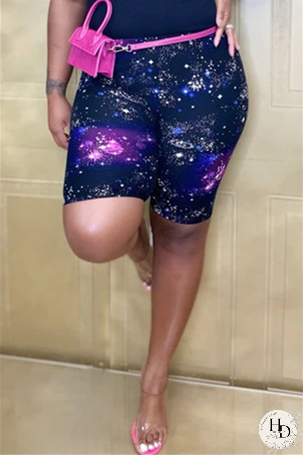 Black Purple Fashion Casual Print Basic Asymmetrical Regular High Waist Shorts