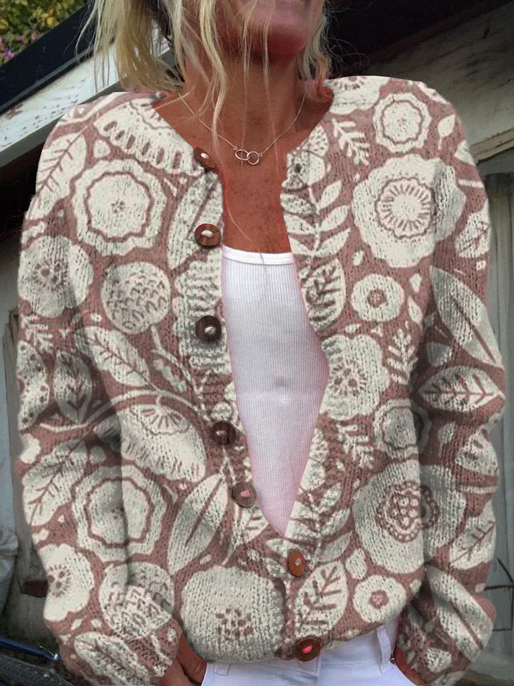 Vintage Pretty Floral Art Graphic Print Buttoned Cardigan Sweater