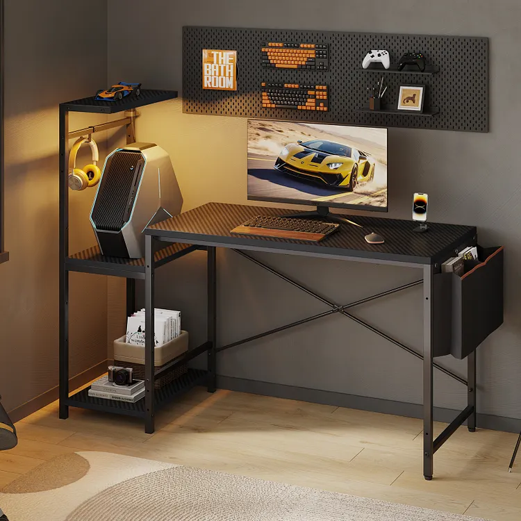 RSPGAME Gaming Desk with LED Lights, 52'' Large Computer Desk with Reversible Shelves, PC Gamer Desk with Side Storage Bag, Hooks and Height Adjustable Shelf for Home Office