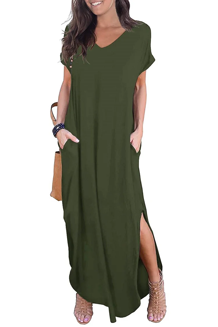 Women's Casual Loose Pocket Long Dress Short Sleeve Split Maxi Dresses