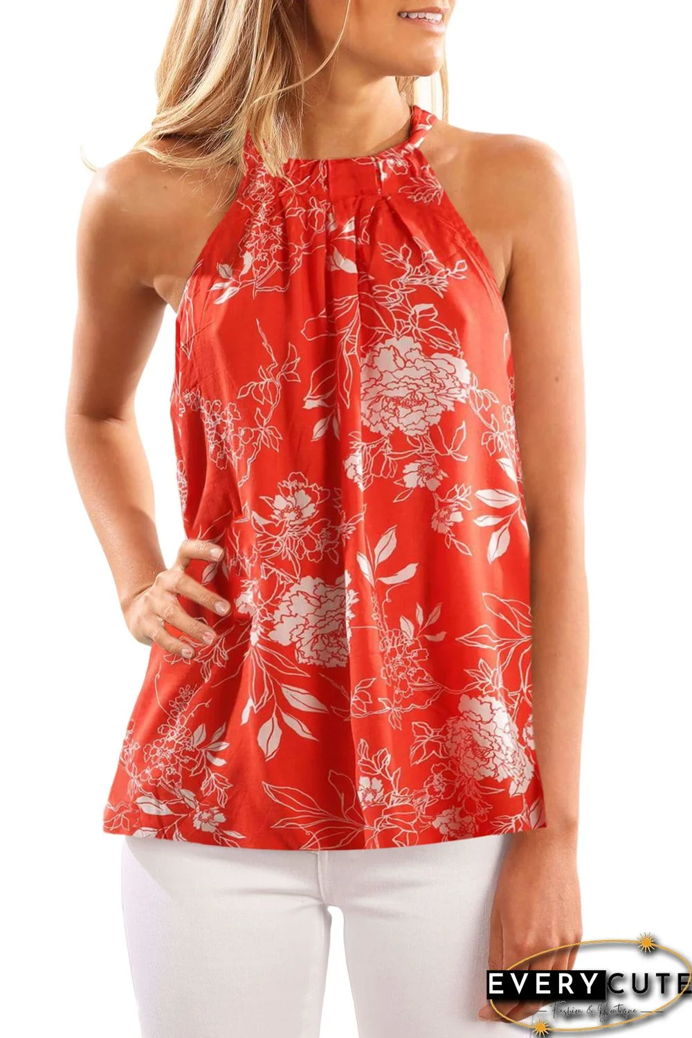 Orange Sleeveless Flower Printed Tank Top