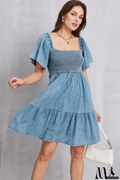 Smocked Square Neck Mini Denim Dress