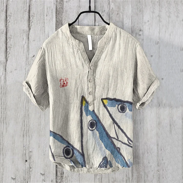 I'm Saury Japanese Art Graphic Linen Blend Shirt