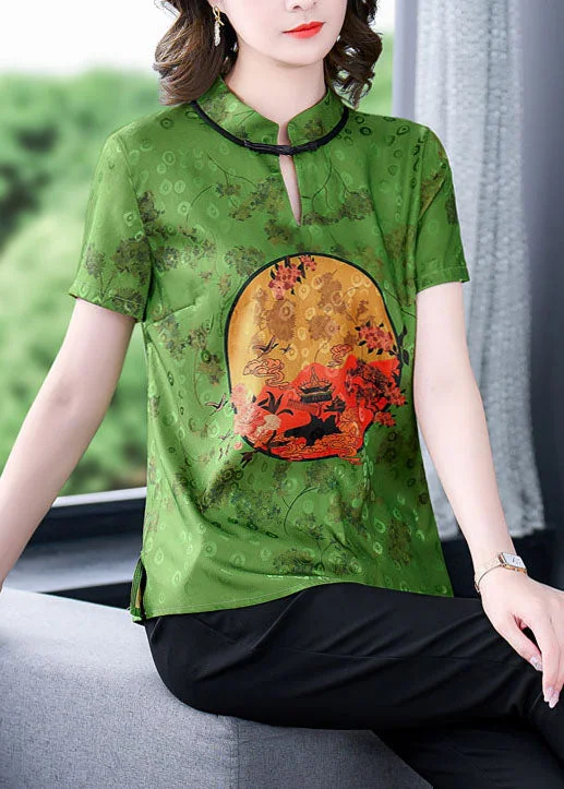 Natural Green Stand Collar Side Open Print Silk Shirts Short Sleeve