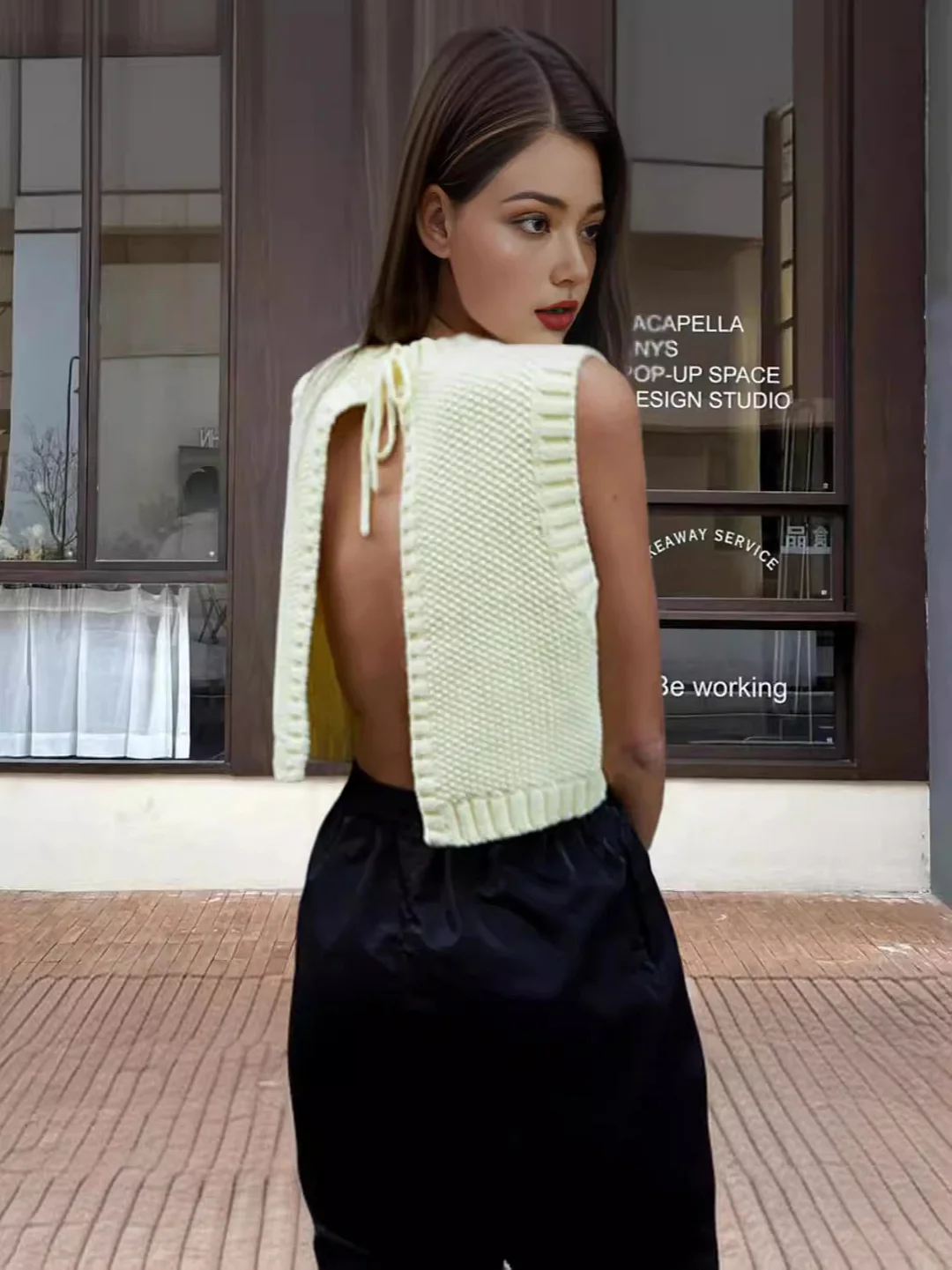 Churchf Churchf Women's 2024 New Yellow Round Collar Exposed Back Strap Round Collar Woven Vest