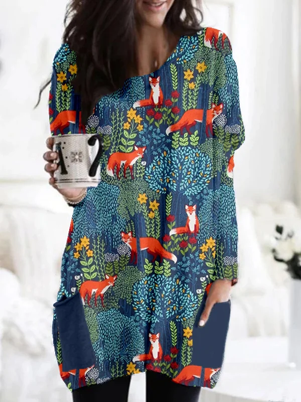 Comstylish Fox in the Forest Graphic Comfy Patch Pocket Tunic