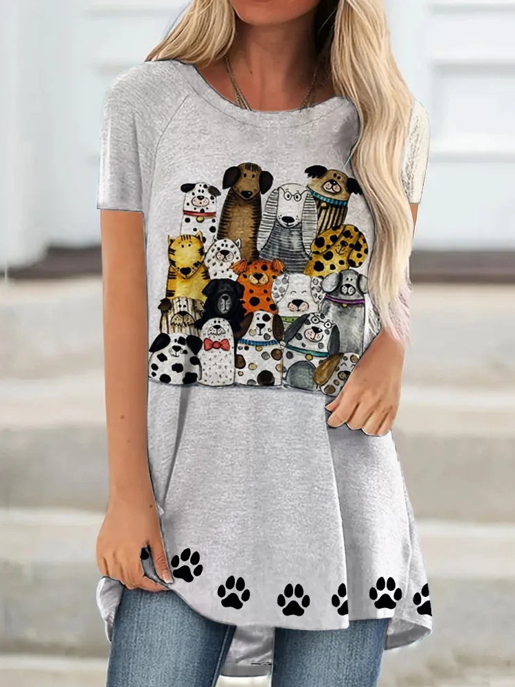 Dogs Family Art Vintage Short Sleeve Long Tee