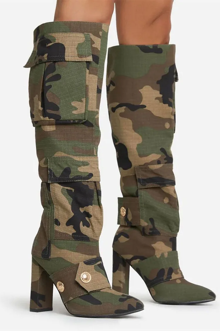 Camouflage Punk Patch Pocket Pointed Toe Boots
