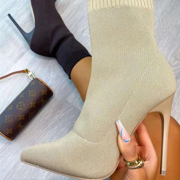 Vstacam Thanksgiving Luxury Women Socks Shoes Stretch Fabric Women Ankle Boots Pointed Toe High Heels Slip-On Sexy Sock Heeled Chelsea Boots Size