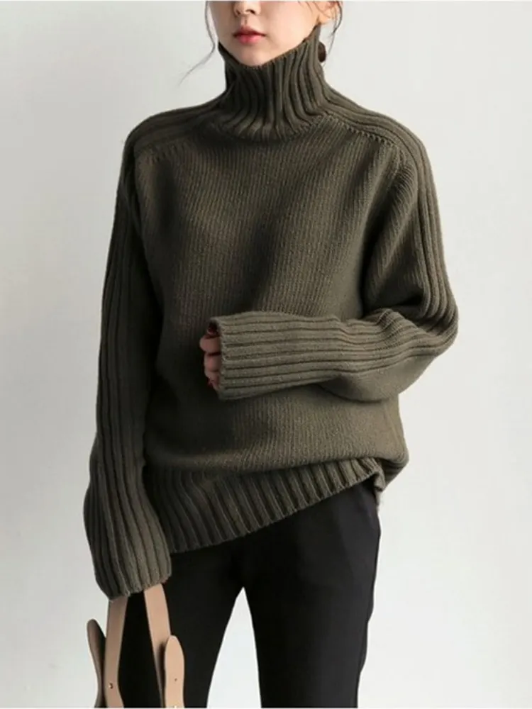 Fashion Tops Women Autumn Winter New Long Sleeve High Collar Knitted Sweater Loose