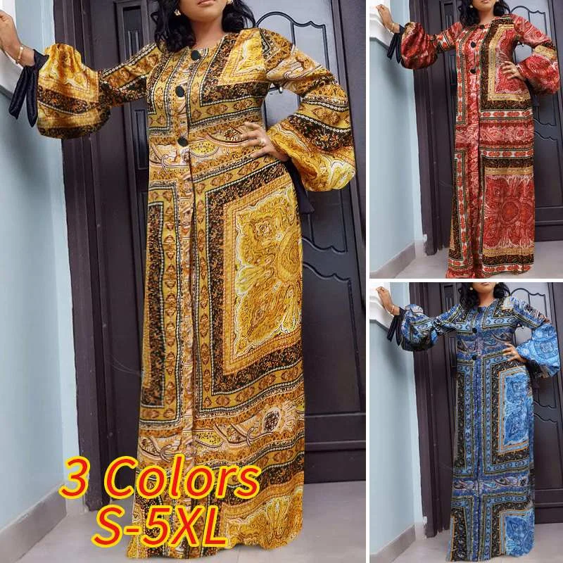 Women Maxi Dresses 3 Colors VONDA Ladies Autumn Button Down Long Sleeve Printed Dress Kleid Sundress Vintage Vestidos Femme Robe