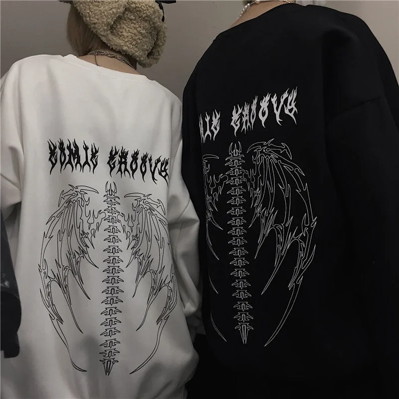 2021 Black Bone Wings Print Tops Girls Autumn Gothic Oversized Hoodie Streetwear Women Kpop Punk Couple High Street Sweatshirts