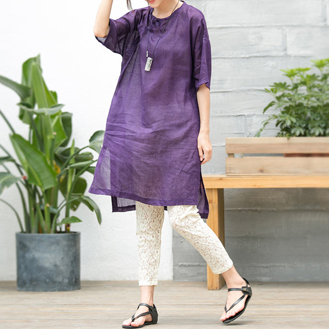 VCSHOES purple natural cotton linen dress oversize traveling clothing short sleeve O neck a line skirts cotton linen dress