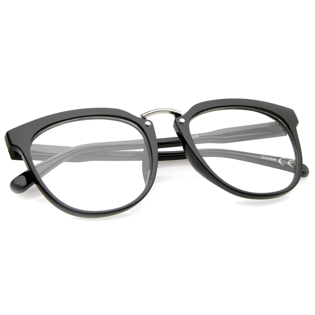 Classic Metal Bridge Square Flat Clear Lens Horn Rimmed Eyeglasses 55mm