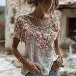 Women's Pink Rose Embroidery Art Round Neck Short Sleeve Linen Blend T-shirt - Image 2