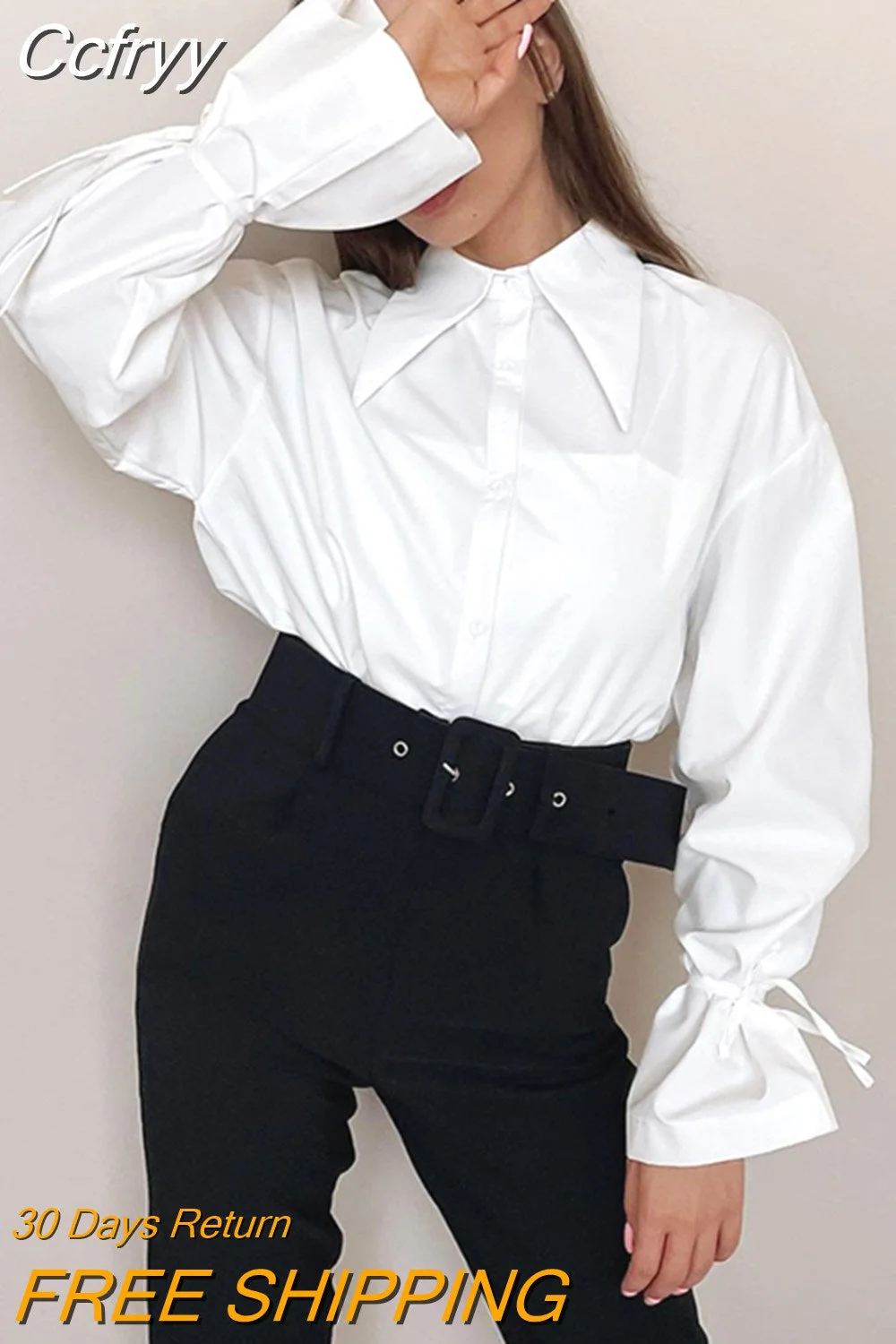 huibahe Elegant Lace-Up White Shirts Women Autumn Long Sleeve Loose Blouses Chic Fashion Office Lady Turn Down Collar Shirts 2023