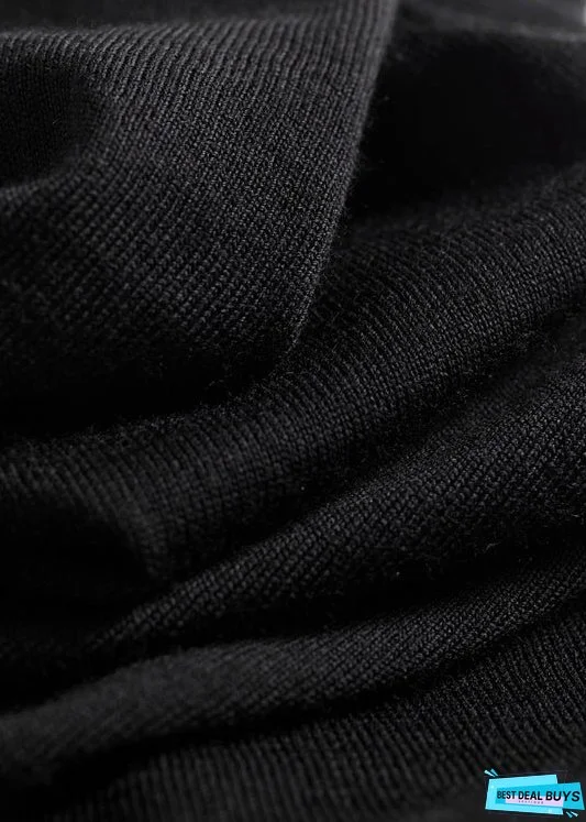 New Black Solid Turtleneck Patchwork Knit Top Fall