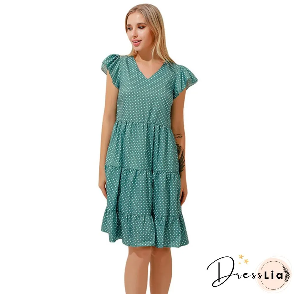 Summer Sundress Women Ruffles Sleeves V-Neck Dot Boho Vest Multi-Layer Connection Hem