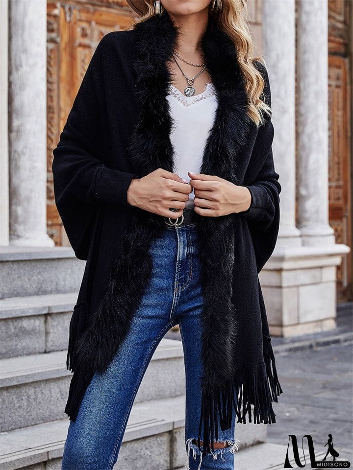 MidiSono - Elegant Lady Fur Collar Tassel Design Batwing Sleeve Cardigan Shawl Sweaters