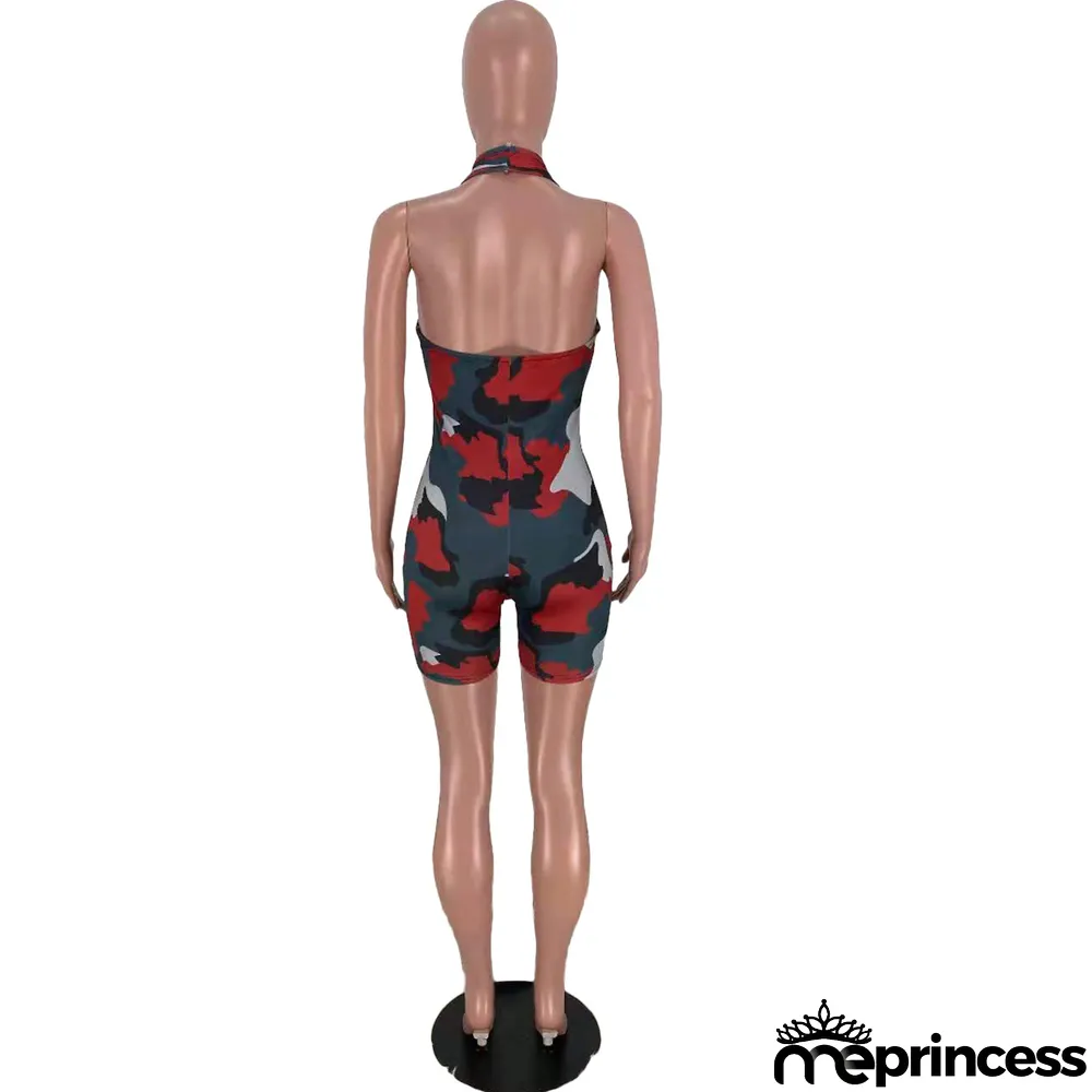 Camouflage Printed Hanging Neck Sexy Casual Rompers