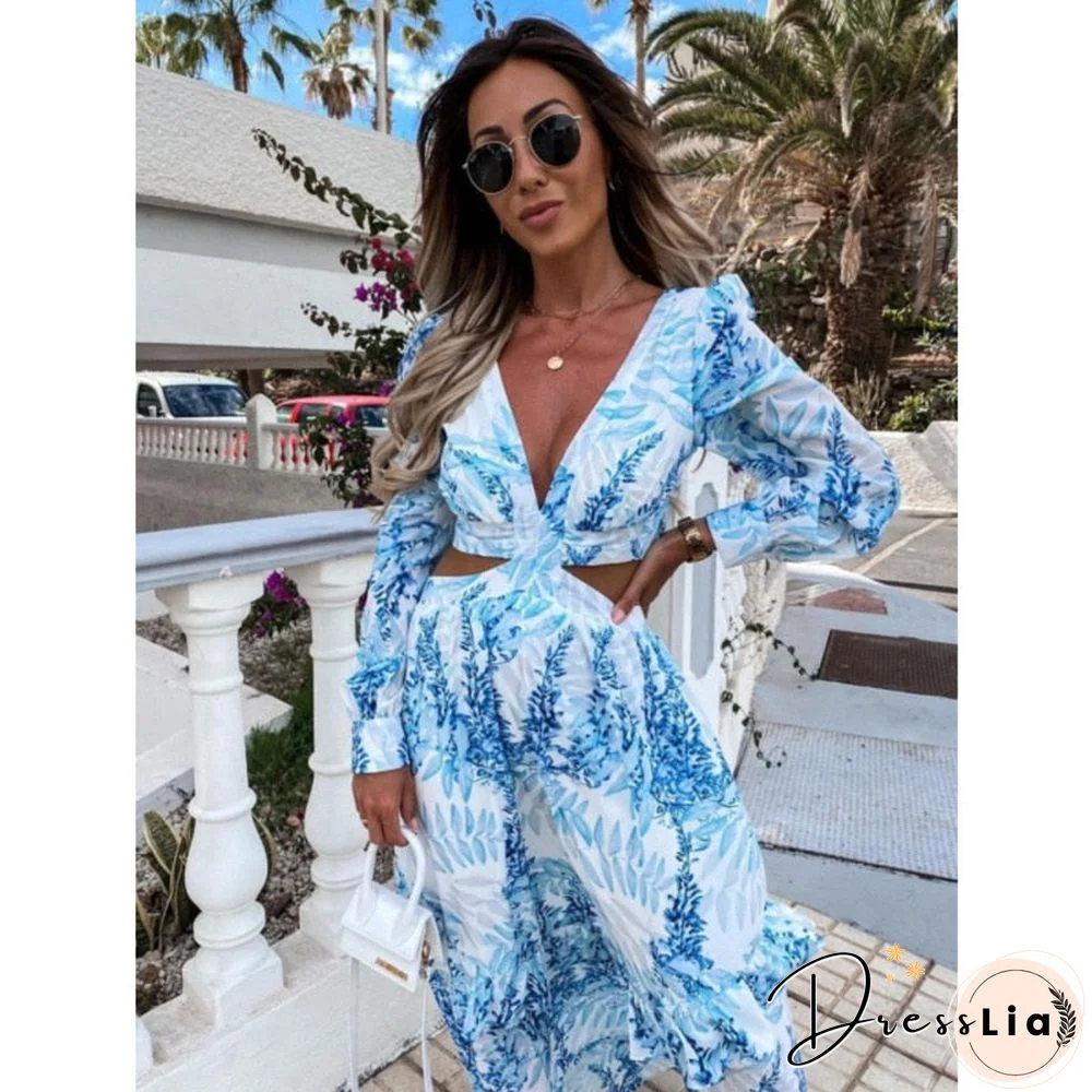 Back To School Outfit  Women Sexy Maxi Dress Summer V-Neck Backless Hollow Out Lantern Sleeve Club Party Long Dresses Female Tunic Beach Cover Up