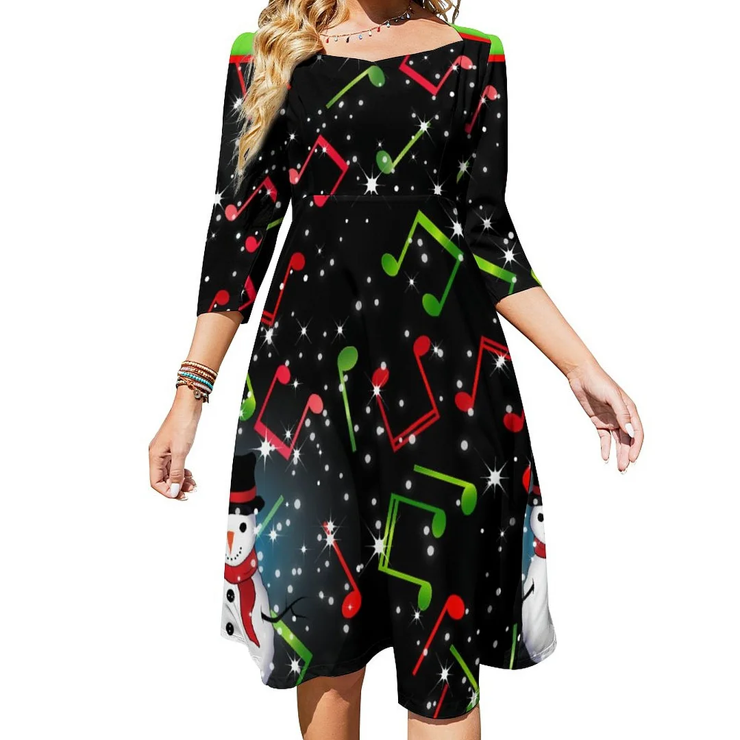 Snowman Christmas Music Notes Dress Sweetheart Tie Back Flared 3/4 Sleeve Midi Dresses