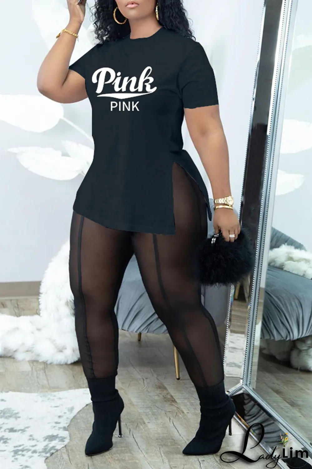Grey Casual Print Slit O Neck Short Sleeve Two Pieces