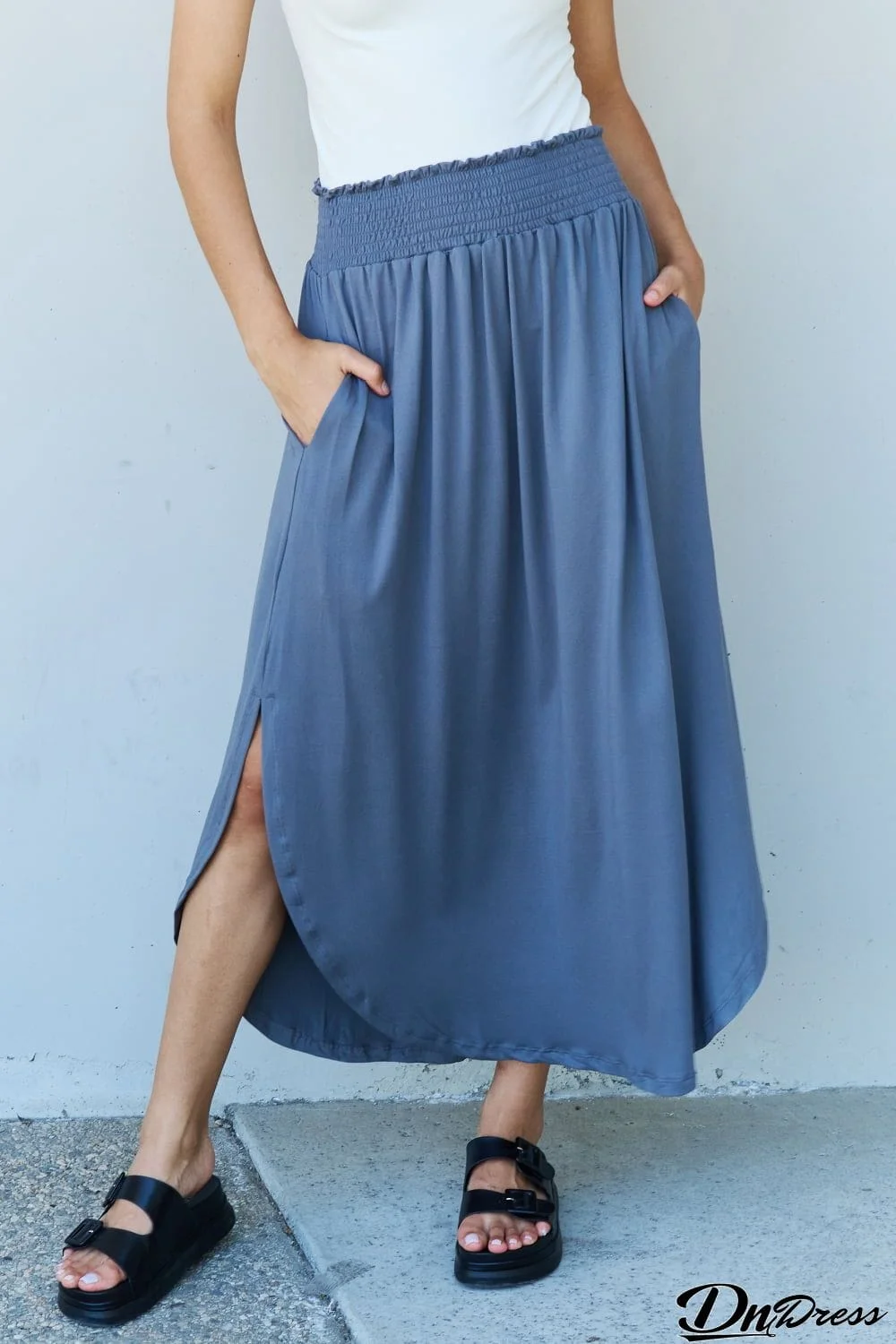 Doublju Comfort Princess Full Size High Waist Scoop Hem Maxi Skirt in Dusty Blue
