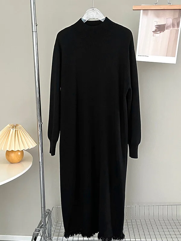 Casual Roomy Long Sleeves Pure Color High-Neck Sweater Dresses