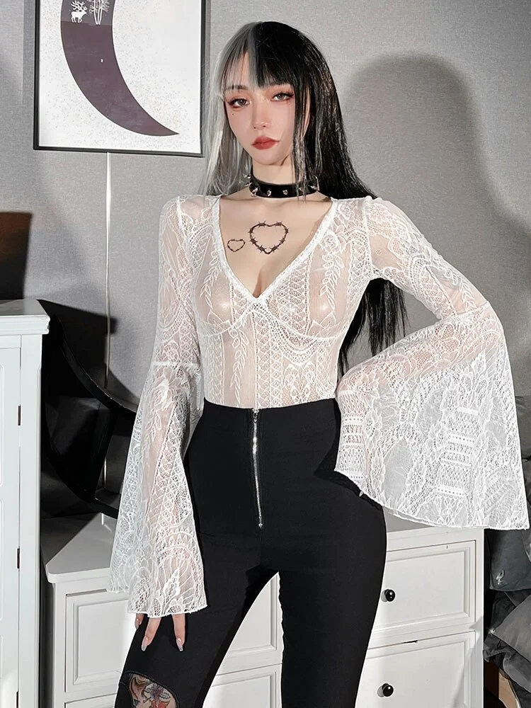 Jangj Sexy Club Mesh Print Bodysuit Woman Lace See Through Pattern Flocking Bodycon Rompers Fitness Jumpsuits Night Club Bar Outfits